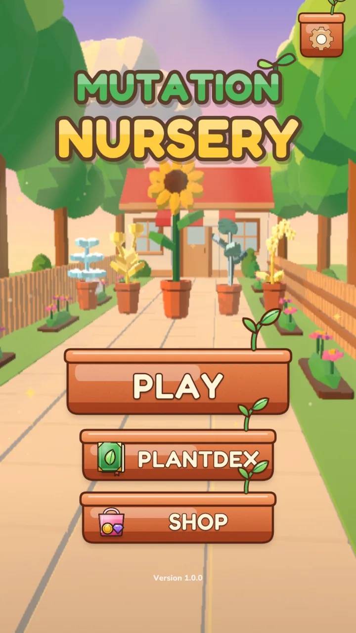 The Mutation Nursery title screen: a garden path at golden hour lined with mutated plants in pots, with Play, Plantdex and Shop buttons shaped like terracotta pots