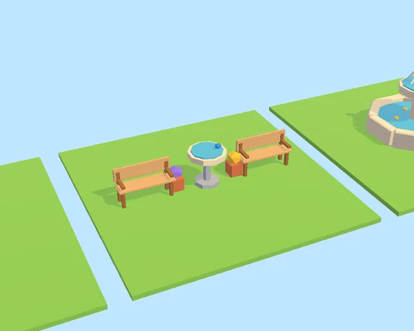 Benches & bird bath in Mutation Nursery