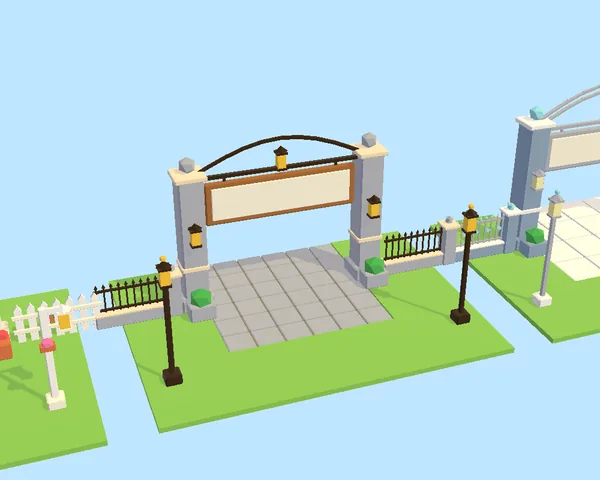 The nursery entrance, fence, lamps and path in the Stone & Iron style